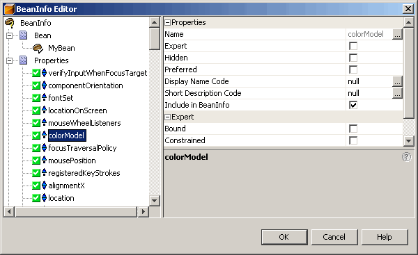 This figure shows the BeanInfo Editor dialog box and expanded Properties node 