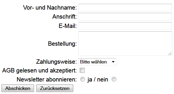 Bild des Bestellformulars