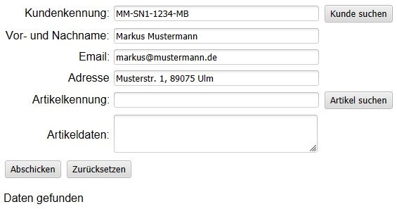 Rücksendeformular mit gefundenen Daten