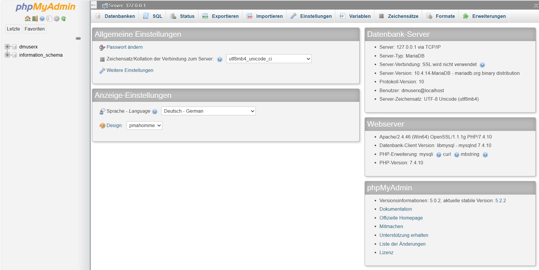 Willkommensbildschirm in
          PHPMyAdmin